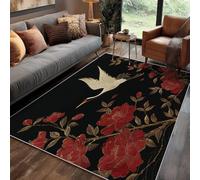 Japanese Crane Small Rugs 50x80cm, Japan Floral Bird Red Rug, Anti Slip Rubber Area Rugs, Washable Soft Short Pile, Bedroom Decor Carpet, Patterned Home Decor A(403)