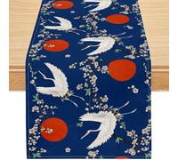 Japanese Crane Table Runner,Red Sun Plum Blossom, Blue Oriental Asian Style Cotton Linen Tabletop Decor for Dining Room Kitchen Outdoor Laundry - 13x36 Inch