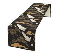 Japanese Crane Table Runner, Traditional Vintage Black Gold Pine Tree Crane Bird Asian Print Table Runner for Wedding Dining Table Holiday Party Kitchen Home Decoration, 13x70inch