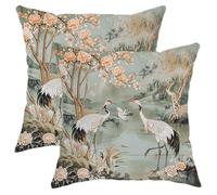 Japanese Crane Throw Pillow Covers Chinese Ink Painting Floral Lake Retro Willow Mountain Gray Blue Cozy Velvet Pillow Covers Set of 2 Living Room Bedroom Cushion Pillowcases 16x16inch