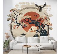 Japanese Crane Tower Wall Mural, Self Adhesive Wallpaper Peel and Stick, Cherry Blossom Flower Home Decor Photo Wallpaper, Silk Cloth Mural for Living Room & Bedroom, 150x100 cm - S-780