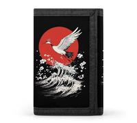 Japanese Crane Waves Trifold Men's Wallets with 8 Card Slots & Key Hook Slim Travel Purse Money Clip