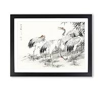 Japanese Cranes By The Bamboo By Numata Kashu Asian Japanese Framed Print | A2 Black Framed Wall Art | Ready to Hang | Asian Animal Picture | Living Room Bedroom Lounge Office