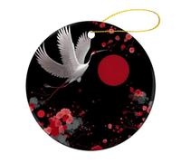 Japanese Cranes & Flowers Ceramics Christmas Hanging Ornaments 2 Pcs
