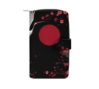 Japanese Cranes & Flowers Leather Wallets Zipper 12 Card Slots Pouch