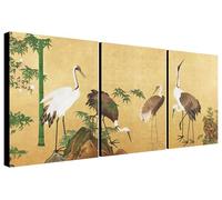 Japanese Cranes with Bamboo - Triptych 3 Canvas Panel Multipiece Large Artwork - Vintage Animal Wall Art - Wrapped Framed Canvas Wall Art - Various Sizes (A2 [24 x 16 In / 61cm x 41cm])