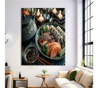 Japanese Cuisine Wall Art Sushi Sashimi Canvas Prints, Dark Green Posters Modern Painting Pictures for Bedroom Living Room Hallway Office Decorations 12x16in Unframed