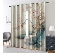 Japanese Curtains, Bird Cherry Blossom Blackout Curtains for Bedroom Living Room, 84 Inch Drop Drapes, Eyelet Thermal Window Treatments, 2 Panels K67