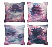 Japanese Cushion Covers 30 x 30 cm Pack of 4 Velvet Cushion Cover Soft Small Sofa Cushions 12 x 12 Inch Square Landscape Throw Pillow Cases for Couch Sofa Livingroom Bedroom Farmhouse Decor -LI311