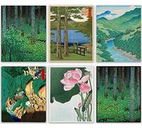 Japanese Decor Woodblock Nature Poster Green Artwork for Walls Landscape Scenes in Home and Traditional Style Set of 6 Unframed Wall Prints (8x10)