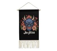Japanese Demon Oni Mask Jiu-jitsu Tapestry with Tassels Cotton Linen Wall Hanging Poster Wall Art for Home Decor