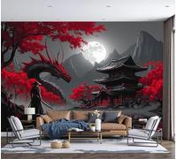 Japanese Dragon Samurai Wallpaper Mural Night Sky Lake Architecture Photo Wallpaper Nature 3D Wall Mural 250X175Cm Black Red Art Print Decoration Poster Picture For Living Room Bedroom Tv Backdrop