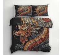 Japanese Dragon Single Duvet Cover Set - Asian Chinese Bedding & Bedroom Decor, Super Soft Microfiber Quilt Cover and 1 Pillowcases, with Zip, Reversible Design A&3R26
