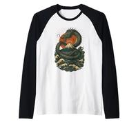 Japanese Dragon Wave Volcano Sun Mythical Power Raglan Baseball Tee
