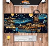 Japanese Dreamscape Desk Mat, Ancient Village and Lake Design, Gold Black and Azure, Desktop Accessory, Orient Scene Office Mouse Pad XXL, Large Keyboard Laptop Mat, Desktop Mat Pad, 35.4”x15.7”x0.12