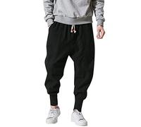 Japanese Drop Crotch Trousers Mens Linen Harem Pants Men Cuff Wide Leg Sweatpants Elasticated Drawstring Track Pant Joggers Casual Trousers Cotton Outdoor Loungewear Baggy Pirate Bottoms