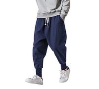 Japanese Drop Crotch Trousers Mens Linen Harem Pants Men Cuff Wide Leg Sweatpants Elasticated Drawstring Track Pant Joggers Casual Trousers Cotton Outdoor Loungewear Baggy Pirate Bottoms