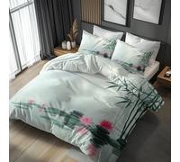 Japanese Duvet Cover King Size Bedding Sets, Zen Stone Bamboo Lotus Flower Pattern, Reversible Design Bedroom Decor Bed Quilt Cover with 2 Pillowcases, Microfiber, Zip - SMK28170