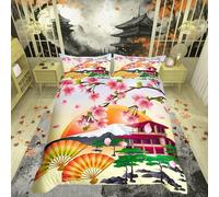 Japanese Duvet Cover Set, Classical Style Comforter Cover For Women & Girls, Cherry Blossoms Bedding Set, Single Size & Zipper Ties