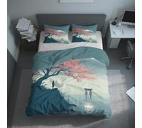 Japanese Duvet Cover Set Single Size, Landscape Cherry Blossoms Bedding Set 135x200 cm, Quilt Cover with 1 Pillowcase, Soft Microfiber 2pcs, Zip 21D&-51