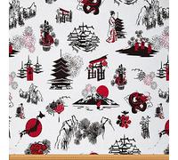 Japanese Fabric by The Yard, Japanese Ukiyoe Upholstery Fabric, Mount Fuji Decorative Fabric, Traditional Japanese Geisha Girl Style Oriental Red Sun Dragons Waterproof Fabric, 1 Yard