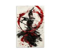 Japanese Female Samurai Wall Art Woman Fight Painting Canvas Prints Red Warrior Pictures Bushido Poster for Bedroom Classroom Dorm Living Room Aesthetic Decor 20x30inch(50x75cm)