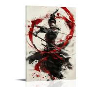 Japanese Female Samurai Wall Art Woman Fight Painting Canvas Prints Red Warrior Pictures Bushido Poster for Bedroom Classroom Dorm Living Room Aesthetic Decor 20x30inch(50x75cm)