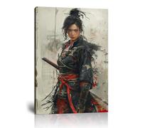 Japanese Female Samurai Wall Art Woman Fight Painting Canvas Prints Warrior Figure Pictures Bushido Posters Japanese Culture Theme Artwork for Bedroom Living Room Decor (24''W x 36''H)