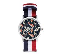 Japanese Fish Black White Red Watches for Mens Womens Analog Quartz Easy to Read Adjustable Nylon Strap