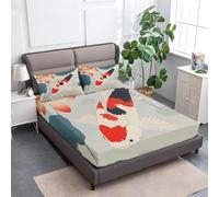 Japanese Fish Fitted Sheet Double Bed Asian Style 3D Fitted Sheets Deep Pocket 12 inch 30 cm Bottom Sheet Ultra Soft Microfibre Bedding Set with 2 Pillowcases a.7779