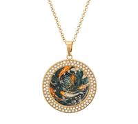 Japanese Fish in Vortex Round Pendant Necklace Diamond Edging Brilliant Personalized Jewelry Gifts for Women Golden-style