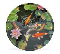 Japanese Fish Lotuses Iron Hanging Picture Round Metal Tin Sign Wall Art Prints Artwork for Living Room Decor