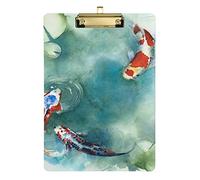 Japanese Fishes Pond Plastic Clipboard A4 Letter Size PVC Writing Board with Low Profile Silver Metal Clip Hardboard for School, Office 12.5x9 Inch