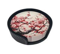 Japanese Floral Cherry Blossom Coasters Set of 6 Round Leather Coaster with Holder Heat Resistant Coasters for Drinks Mug Coaster Coffee Mat Cup Pad for Kitchen Office Home Decoration