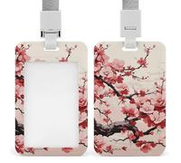 Japanese Floral Cherry Blossom ID Badge Holder - Retractable Badge Reel, Vertical Card Name Tag Holder with Breakaway Lanyard, ID Cards Holders Case for Nurse Security Staff Women Men