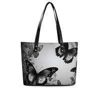 Japanese Floral Cherry Blossom Leather Tote Bag for Women Top Handle Purses Handbags Casual Work Tote Travel Shoulder Bag, Black Gray Butterflies, 29*34*14cm, Black Gray Butterflies