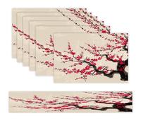 Japanese Floral Cherry Blossom Placemats Set of 7 Exquisite Linen Table Mat Seven Piece Set Includes 13"x71" Fashion Table Runner and 12"x18" Place Mat Decor for Kitchen Dining Room