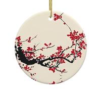 Japanese Floral Cherry Blossom Print Christmas Tree Ceramic Hanging Decorative Ornaments – Round Keepsake for Xmas, Home Party, Holiday