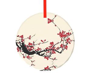 Japanese Floral Cherry Blossom Print Round Glass Pendant â€“ Christmas Tree Hanging Ornament for Holiday, Home, Office, Xmas, Easter