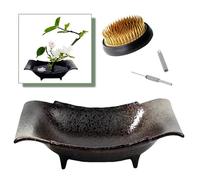 Japanese Flower Frog Ikebana Vase Kit, Ceramics Flower Container (7.9" Lx5.9 Wx2.0 H) with 2.4" Round Floral Frog and 2 in 1 Kenzan Needle Straightening Tool