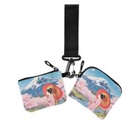 Japanese flower Fuji Mountain Women's Card Cases Change Holder Minimalist Key Chain Wallet Change Purse with Wristlet Strap for Women 2 Packs