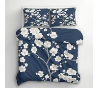 Japanese Flower King Size Duvet Cover Sets - Navy Blue Floral Japanese Bedding & Bedroom Decor, Super Soft Microfiber Quilt Cover and 2 Pillowcases, with Zip, Reversible Design F-G3E128