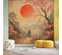 Japanese Flower Mountain Sun Wall Decals, Asian Oriental Wall Mural Waterproof Vinyl Murals, Landscape Nature Stickers Peel and Stick Wallpaper for Home Office Decoration 352x250 cm