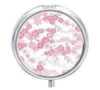 Japanese Flower Pattern Pill Box - 3 Compartment, Round Metal Pill Case with Mirror, Portable Medicine Holder for Purse/Wallet/Travel