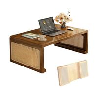 Japanese Folding Coffee Table Wooden Floor Table with Plastic Rattan U-Shaped Design Brown 120x50x40cm - Perfect for Floor Seating and Small Spaces