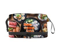 Japanese Food Sushi Feast Double Layer Cosmetic Bag for Women and Girls, Travel Toiletry Bag Makeup Handy Pouch Organiser Bag with Brush Compartment