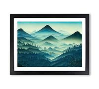 Japanese Forest Mountains Framed Wall Art Print A2 Black