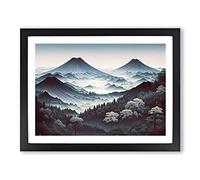 Japanese Forest Mountains Framed Wall Art Print A2 Black