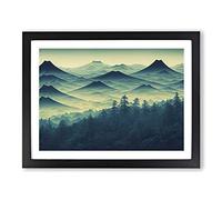 Japanese Forest Mountains Framed Wall Art Print A2 Black