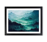 Japanese Forest Mountains Framed Wall Art Print A2 Black